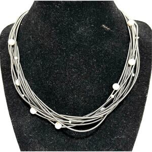 Sea Lily silvery piano wire multistrand chain & faux pearl beads choker necklace